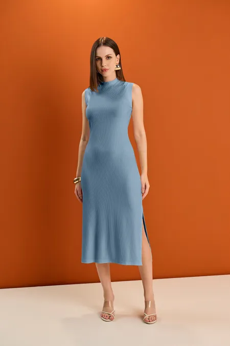 Vestido Midi Regata Canelado Feminino com Fenda Lateral Puramania